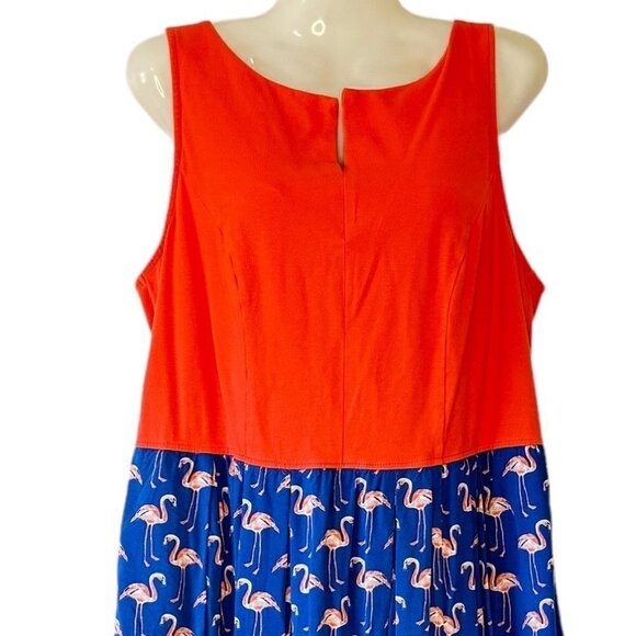 eShakti Flamingo Print Jersey Bodice Dress with Side Pockets Peach and Blue  14W - Picture 3 of 10